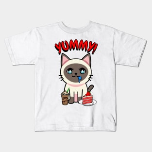 Cute siamese cat is having coffee and cake Kids T-Shirt